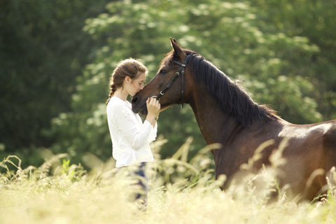 Mädchen gibt Pferd küsschen